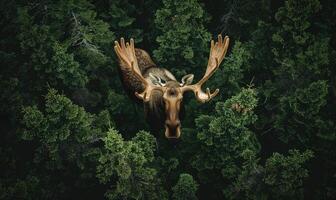 Top view of a moose standing at the edge of a forest clearing photo