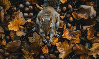 Top view of a squirrel gathering acorns on the forest floor, autumn leaves photo