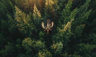 Top view of a moose walking through a dense forest photo