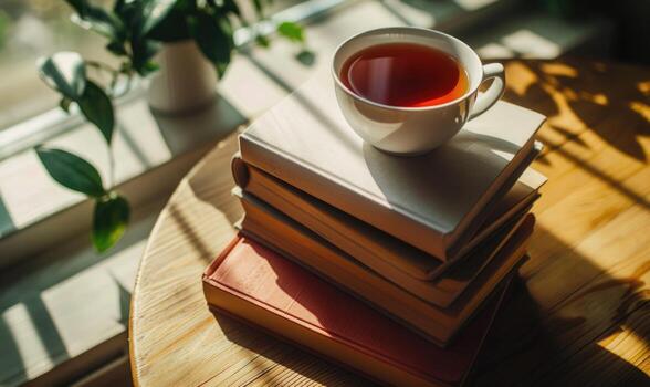 Stack of books on a wooden table with a cup of tea next to it, shadow from window, top view photo