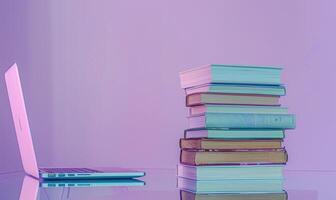 Stack of books on a glass table with a pastel violet background photo