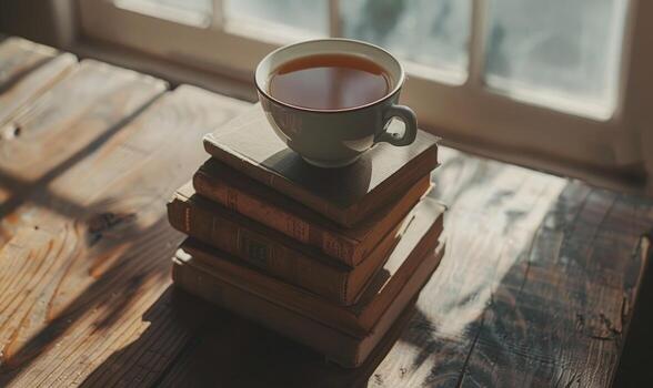 Stack of books on a wooden table with a cup of tea next to it, shadow from window, top view photo