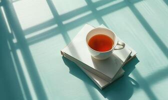 Stack of books on a light blue table with a cup of tea next to it, shadow from window, top view photo