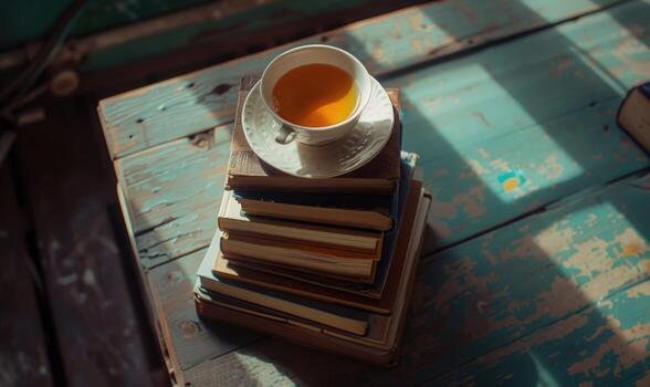 Stack of books on a wooden table with a cup of tea next to it, shadow from window, top view photo