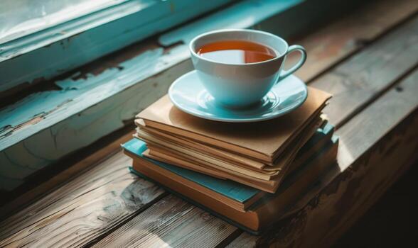 Stack of books on a wooden table with a cup of tea next to it, shadow from window, top view photo