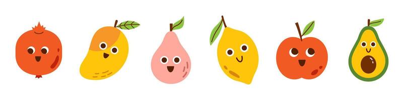 set of cute funny smiling fruits. Summer fruits with faces. Collection of pomegranate, mango, pear, lemon, apple, avocado characters. Kawaii food. vector