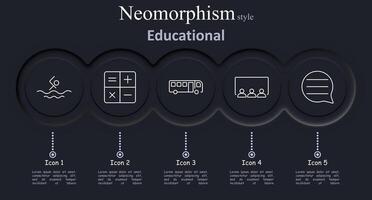 Educational set icon. Swimming, calculator, bus, classroom, speech bubble, education, learning, school, transport, mathematics, communication, teaching, student, lesson, neomorphism vector