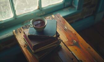 Stack of books with a cup of tea on a white table, window casting shadows photo