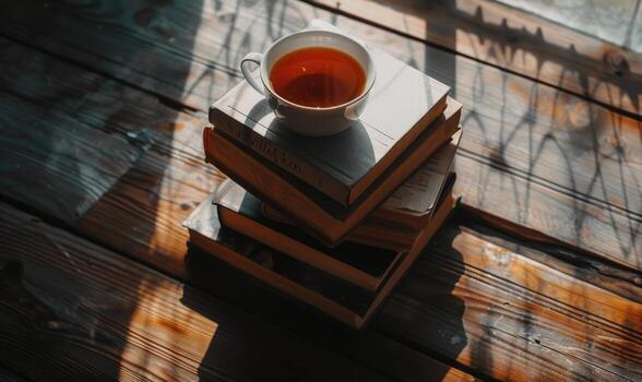 Stack of books on a wooden table with a cup of tea next to it, shadow from window, top view photo