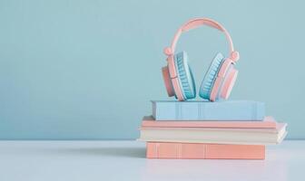 Stack of books on a white desk with a pastel sky blue background photo