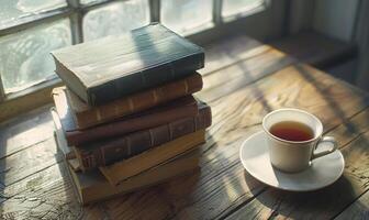 Stack of books on a wooden table with a cup of tea next to it, shadow from window, top view photo