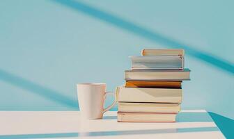 Stack of books on a white desk with a pastel sky blue background photo