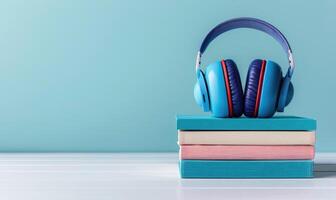 Stack of books on a white desk with a pastel sky blue background, with a pair of headphones photo