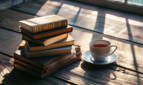 Stack of books on a wooden table with a cup of tea next to it, shadow from window, top view photo