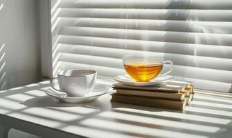 Stack of books with a cup of tea on a white table, window casting shadows photo