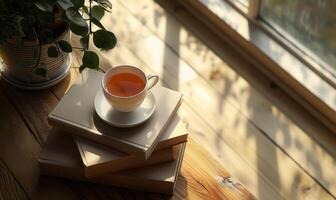 Stack of books with a cup of tea on a white table, window casting shadows photo