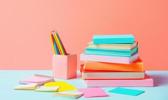 Stack of books on a white table with a pastel coral background photo