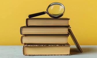 Stack of books on a light gray table with a pastel butter yellow background, with a magnifying glass photo