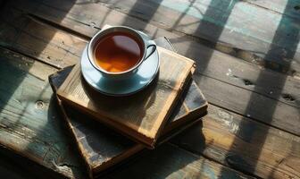 Stack of books on a wooden table with a cup of tea next to it, shadow from window, top view photo