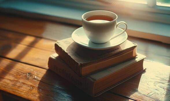 Stack of books on a wooden table with a cup of tea next to it, shadow from window, top view photo