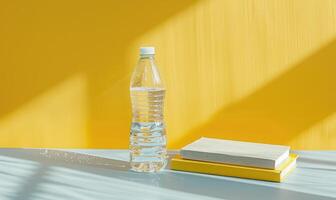 Stack of books on a light gray table with a pastel yellow background photo