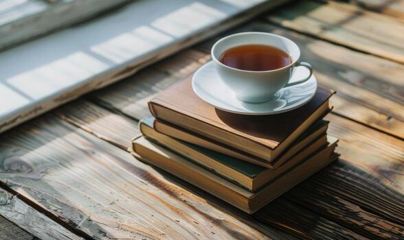Stack of books on a wooden table with a cup of tea next to it, shadow from window, top view photo