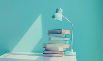 Stack of books on a white table with a pastel teal background photo
