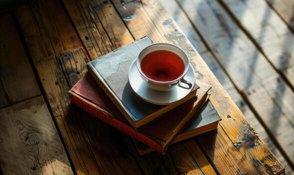 Stack of books on a wooden table with a cup of tea next to it, shadow from window, top view photo