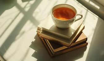 Stack of books with a cup of tea on a light gray table, soft shadows from window photo