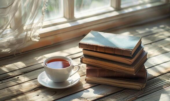 Stack of books on a wooden table with a cup of tea next to it, shadow from window, top view photo