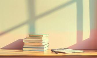 Stack of books on a wooden desk with a pastel cream background photo
