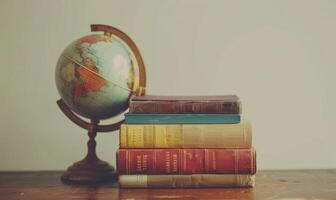 Stack of books on a wooden desk with a pastel ivory background, with a small globe, travel, study photo