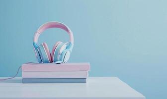 Stack of books on a white desk with a pastel sky blue background, with a pair of headphones photo