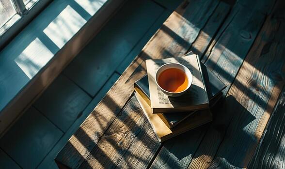 Stack of books on a wooden table with a cup of tea next to it, shadow from window, top view photo