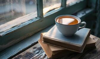 Stack of books with a cup of tea on a white table, window casting shadows photo