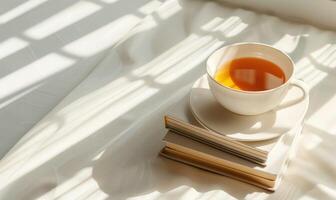 Stack of books with a cup of tea on a light gray table, soft shadows from window photo