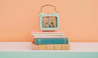 Stack of books on a white table with a pastel peach background, with a digital clock photo