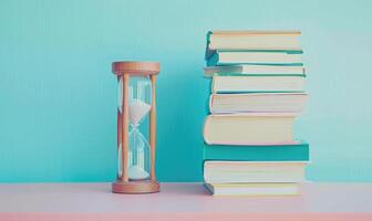 Stack of books on a white table with a pastel periwinkle background, with an hourglass photo