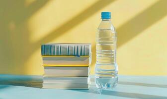 Stack of books on a light gray table with a pastel yellow background photo