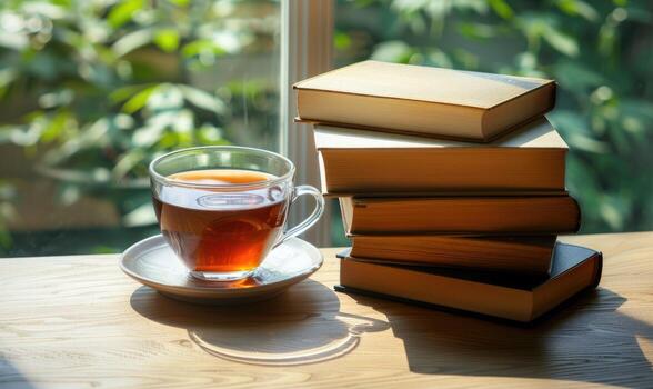 Stack of books on a wooden table with a cup of tea next to it, shadow from window, top view photo
