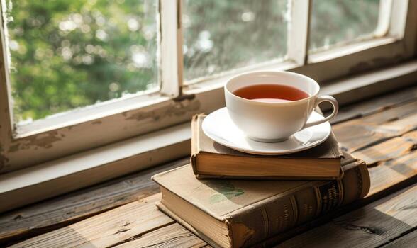 Stack of books on a wooden table with a cup of tea next to it, shadow from window, top view photo