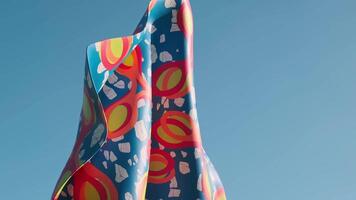 A sculpture in the form of a flag with national patterns against the background of a blue sky in Dubai. video