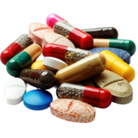Medicines, capsules different tablets isolated on transparent background cut out png