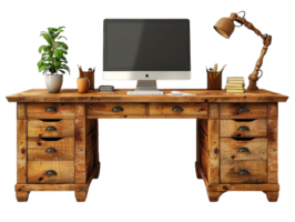Computer on desk office table with lamp, plants, keyboard and mouse old design isolated on transparent background cut out png