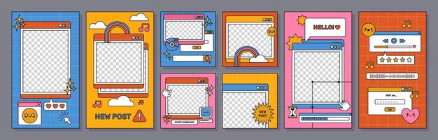 90s retro vaporwave stories template. Nostalgic social media post. Old computer aesthetic background. PC UI interface elements, screens stickers, posters, set vector