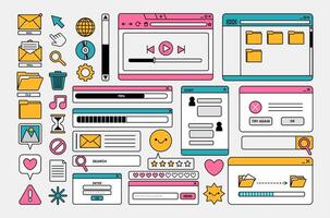 90s retro desktop interface. Retro user computer elements. Vintage old vaporwave icons and screens, UI and UX themes. Nostalgic digital objects for pc 2000s. set vector