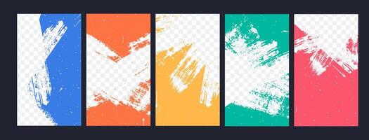 Grunge brush frames. Abstract texture overlay. Paint brushes messy strokes. Colorful scratches and stains. Grange templates for design reels, post, text, social media vector