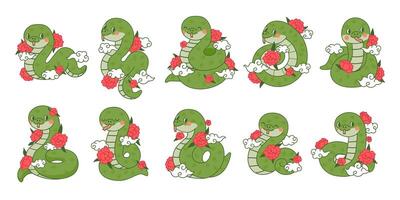 Chinese green snakes. Asian festival symbols. Cartoon cute snake with flowers and clouds. Zodiac horoscope animals. Happy character reptile in various poses. set vector