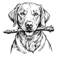 Sketch of a Labrador retriever holding a stick in its mouth, front view, on a white background vector