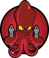 Crimson squid on a circle background. Squid in tentacles holds pistols. Background excluded vector